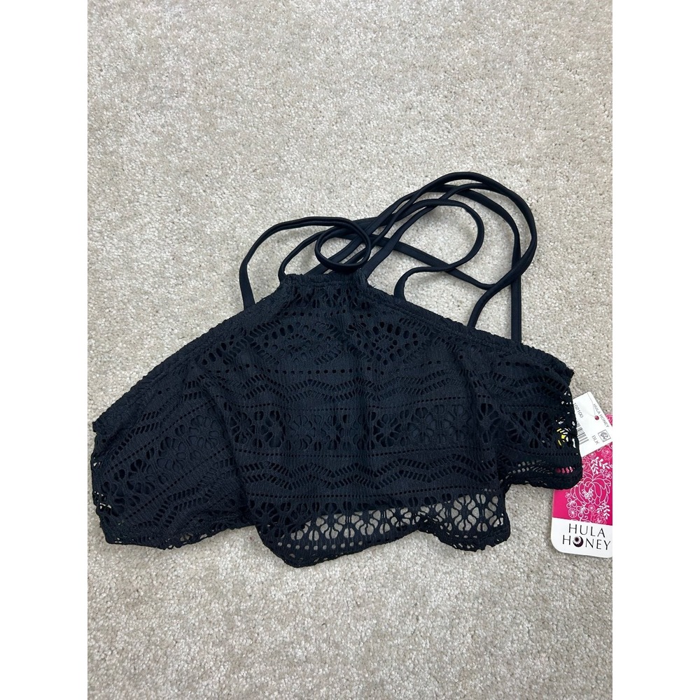 HULA HONEY Swim Top Women's Black M Crochet Halter Padded Nylon
